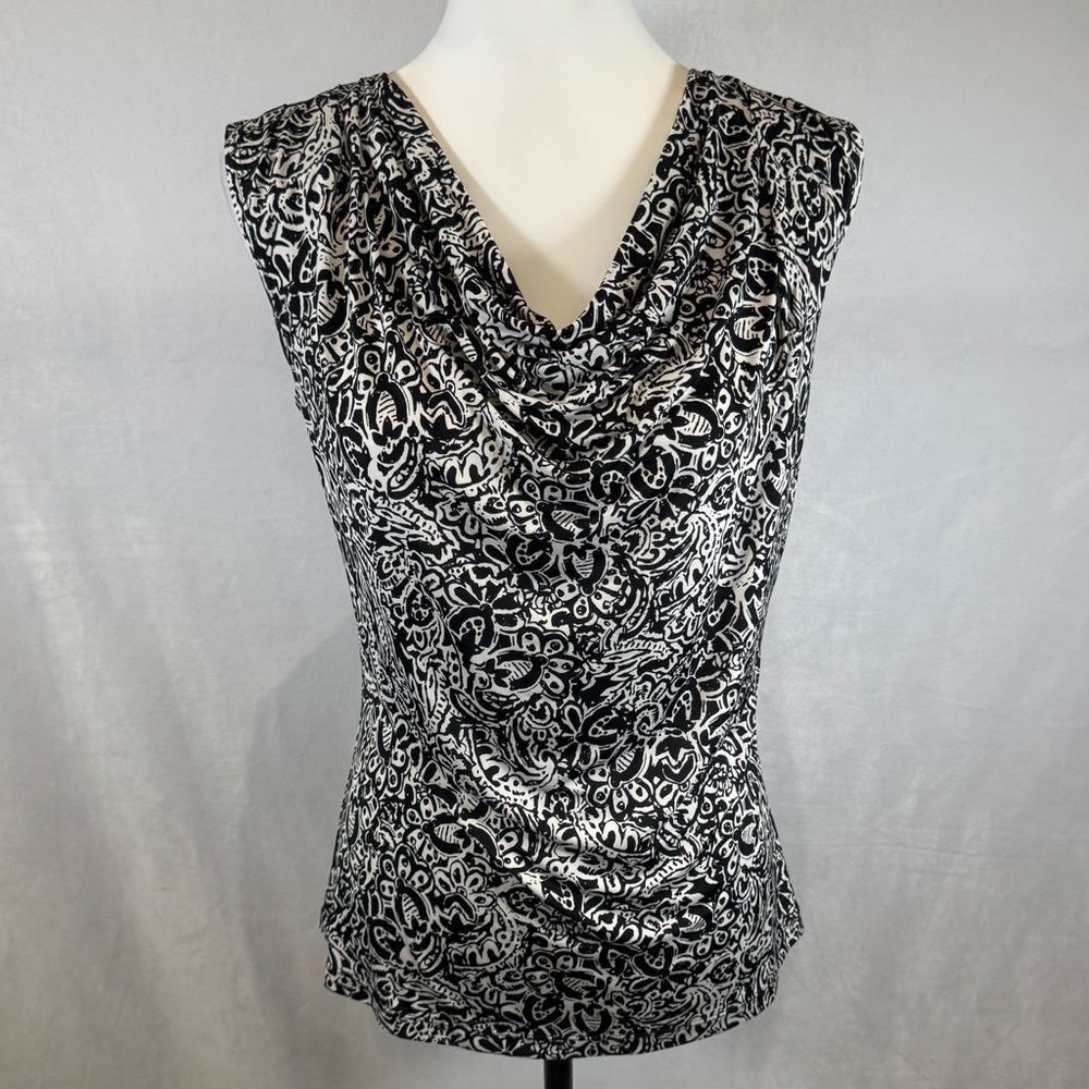 Black and white print cowl neck top size small